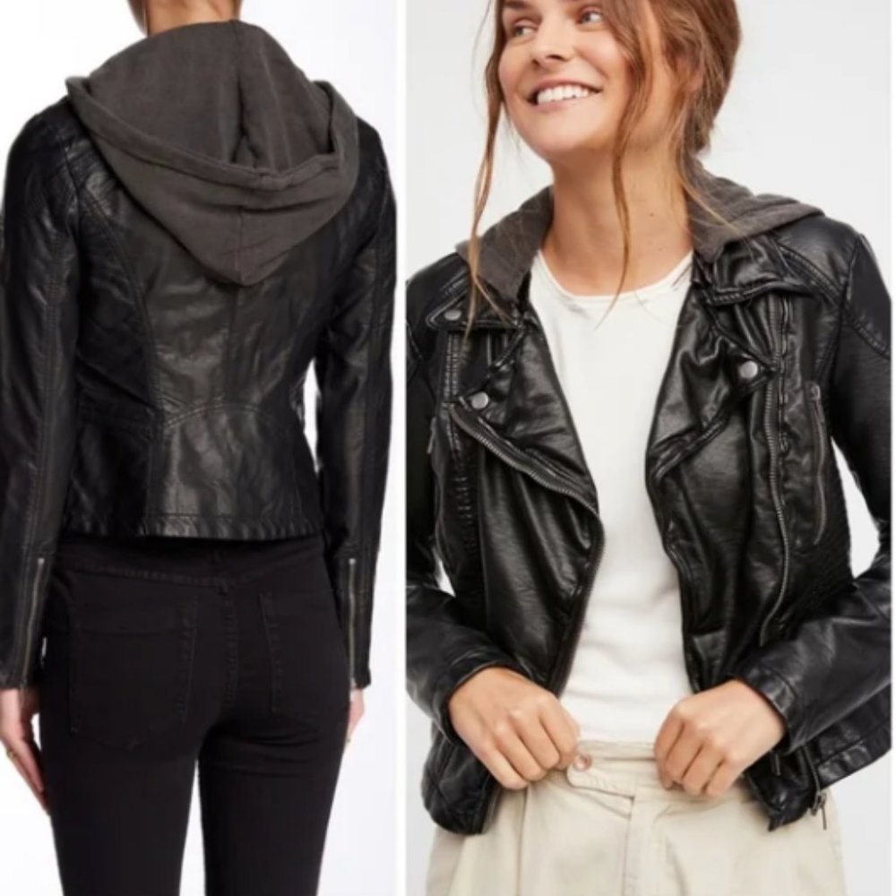 Free People, We The Free, New Dawn Hooded Vegan  Faux Leather Jacket size xs